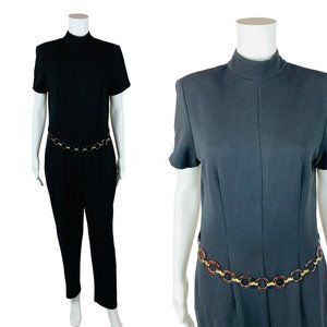 Vintage 1990s Jumpsuit Black Ribbed Mockneck Circle Ring Belt Cat Woman | W 32"